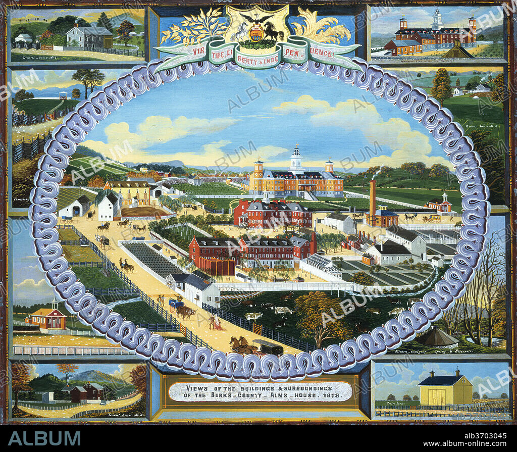 CHARLES C. HOFMANN. Berks County Almshouse, 1878. Dated: 1878. Dimensions: overall: 82.5 x 99.6 cm (32 1/2 x 39 3/16 in.)  framed: 97 x 114 x 5.7 cm (38 3/16 x 44 7/8 x 2 1/4 in.). Medium: oil on zinc.