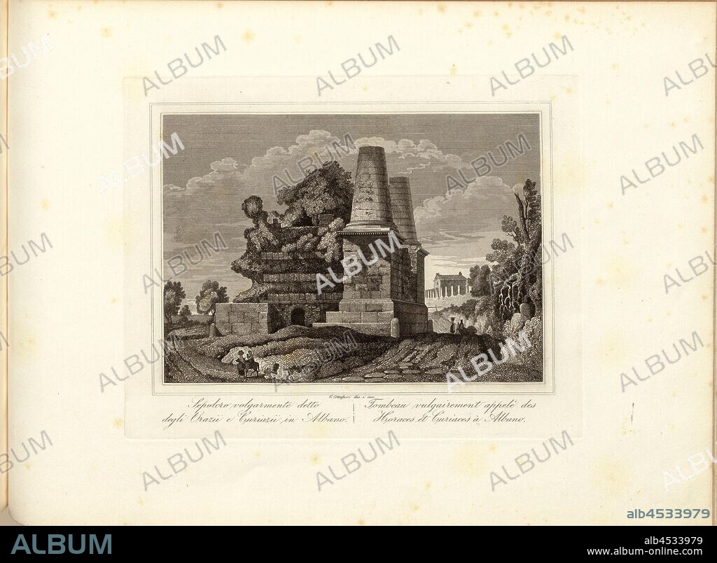 Sepulcher commonly known as the Orazii et Curiazii in Albano, Sepolcro degli Orazi e Curiazi near Rome, signed: G. Cottafavi (dis. E inc.), Pl., 47, Cottafavi, Gaetano (dis. e inc.), Gaetano Cottafavi, Gabriele Fontana, D. Amici, P. Parboni, A. Fornari, S. Bossi, Salvatore Busuttil: Souvenirs de Rome. [nicht ermittelbar]: [nicht ermittelbar], [1800].