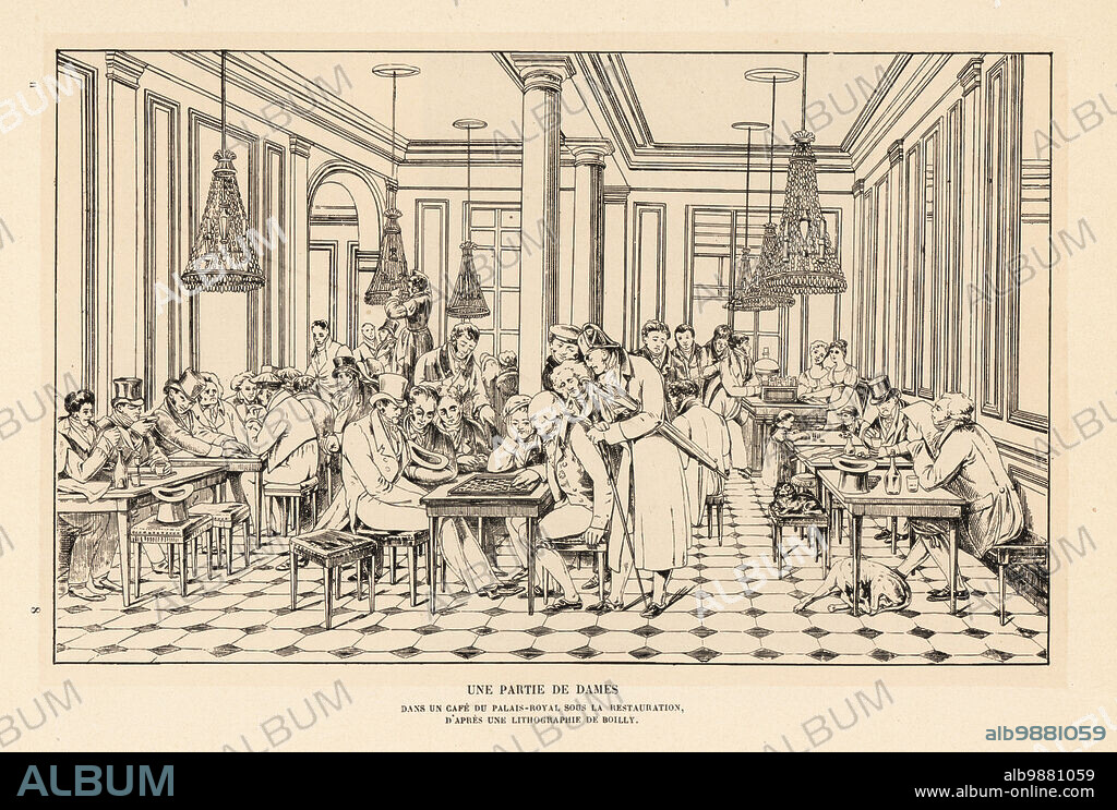 A game of checkers in Cafe de la Regence, Palais Royal. The original showed chess players, including composer and chess master Philidor (seated left) and his tutor Legall de Kermeur, holding umbrella, dating it to pre-French Revolution. From a lithograph by Louis Leopold Boilly. Une Partie des Dames. Lithograph from Henry Rene dAllemagnes Recreations et Passe-Temps, Games and Pastimes, Hachette, Paris, 1906.