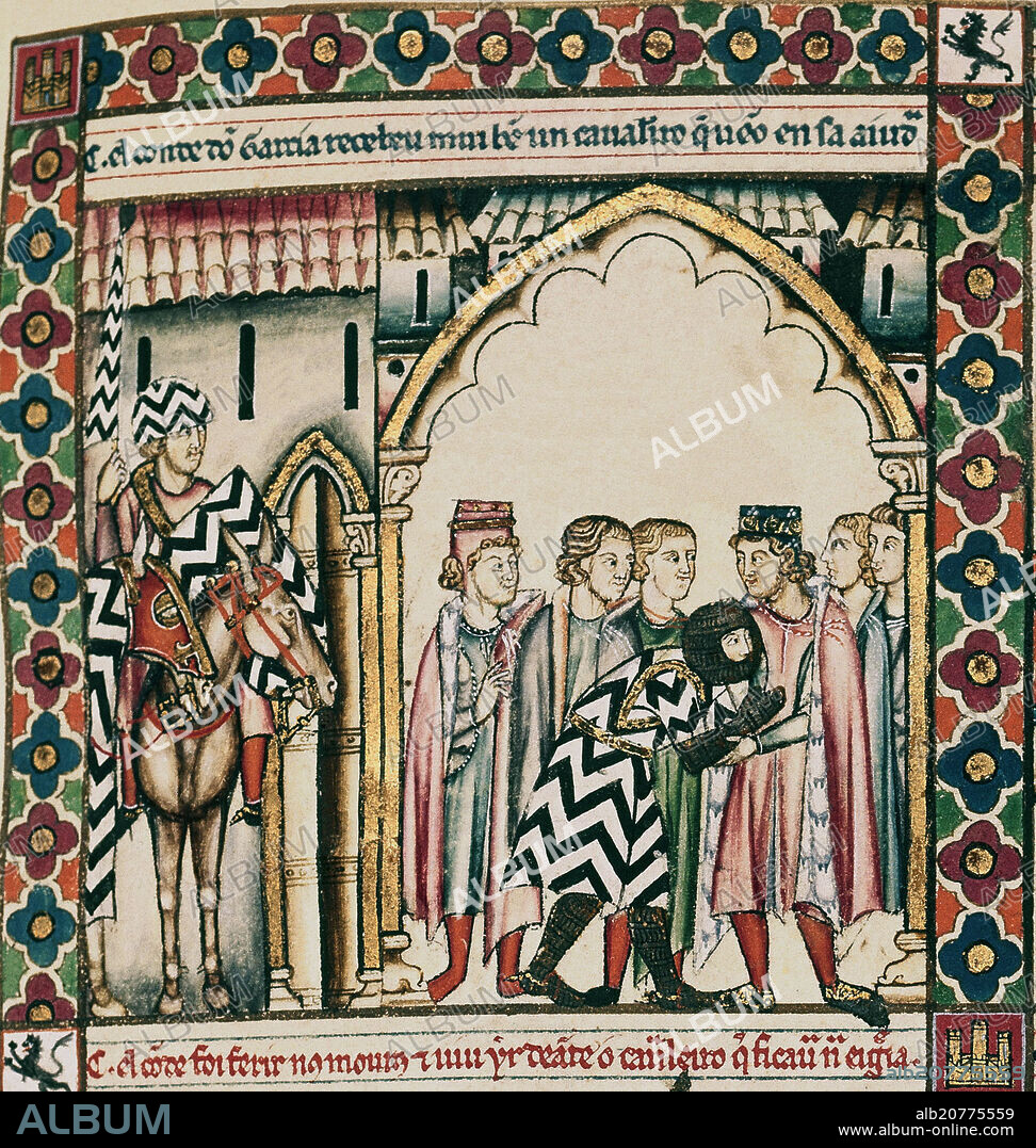 ALFONSO X EL SABIO (1221-1284). MTI1-CANTIGA DE SANTA MARIA Nº63 - F92R - LA VIRGEN SALVA A UN CABALLERO EN LA BATALLA DE SAN ESTEBAN DE GORMAZ - 1ª VIÑETA DE LA 1ª FILA- - FOTO AÑO.