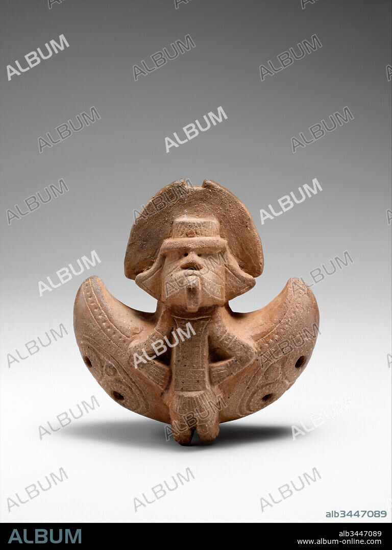 Ocarina, Pre-Columbian, 1300–1500, Sierra Nevada de Santa Marta, Colombia, Tairona People; Gayraca style, Ceramic, L. 10.2 cm (4 in.); W. 9.2 cm (3-5/8 in.), Aerophone-Whistle Flute-vessel flute, Tubular ceramic flutes and ocarinas (vessel flutes) are frequent finds in Tairona burials. Replete with sculptural imagery and finely detailed surfaces typical of Tairona art, these instruments continue to be used by religious specialists of the Kogi—descendants of the Tairona—during ritual dances.