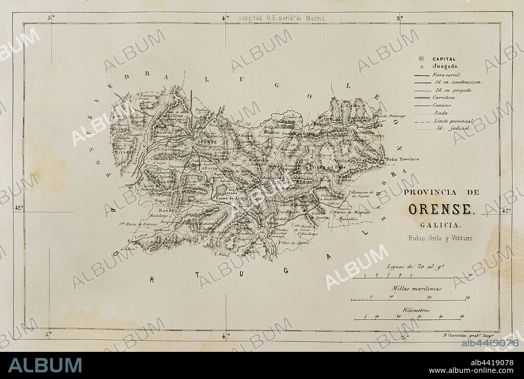 España. Galicia. Mapa de la provincia de Orense. Crónica General de España, Historia Ilustrada y Descriptiva de sus provincias. Galicia,1866. Biblioteca Historico Militar de Barcelona, Cataluña, España.