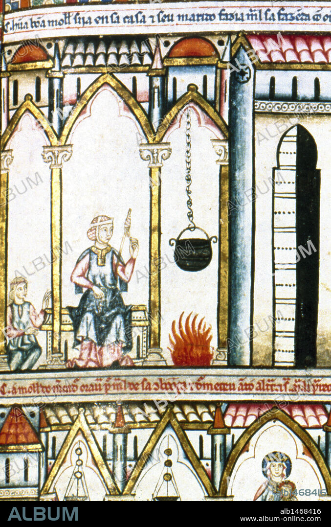 LITERATURA CASTELLANA. S. XIII. CANTIGAS DE SANTA MARIA, obra personal de Alfonso X "El Sabio" (Toledo,1221-Sevilla,1284). Detalle de una miniatura con la representación de una DAMA MEDIEVAL HILANDO LANA. Biblioteca de El Escorial. Madrid. España. PATRIMONIO NACIONAL. Cantiga 68. F101r. Reconciliación de mujerres rivales en amores.