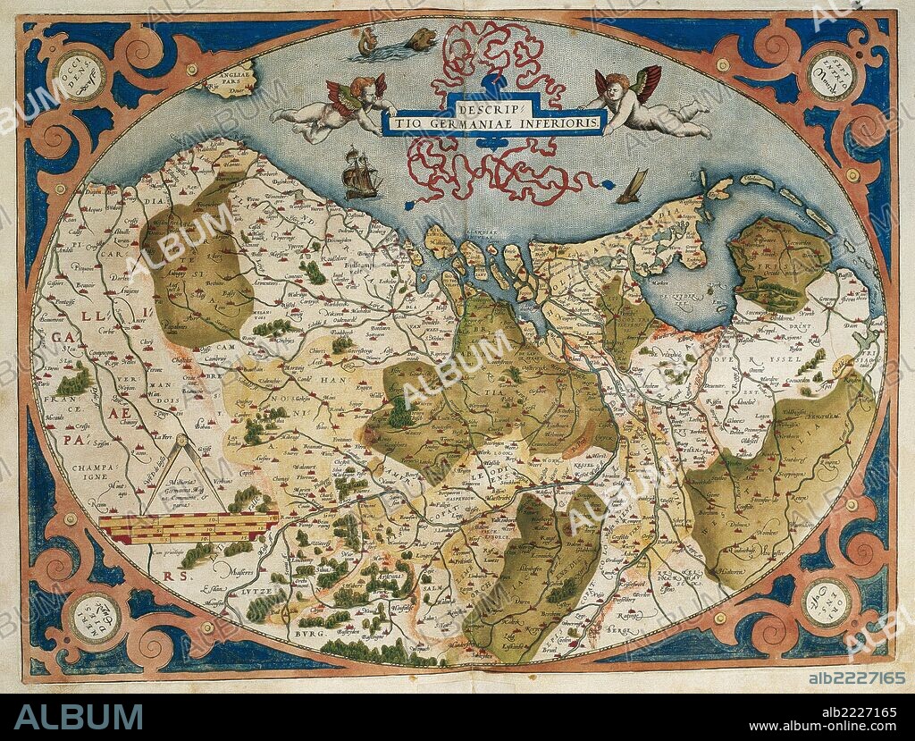 "MAPA DE ALEMANIA Y DE LOS ACTUALES PAISES BAJOS". Obra de Abraham ORTELIUS, editor del atlas "Teatrum Orbis Terrarum". Primera edición de Amberes del año 1574. Biblioteca de Cataluña. Barcelona.