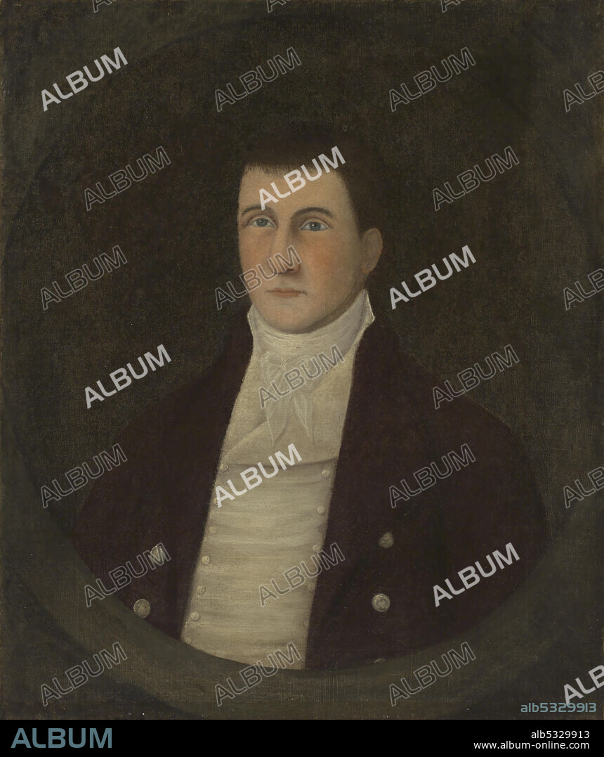 JOSHUA JOHNSON. Portrait of John Westwood, ca. 1807-1808. It depicts a half-length male figure wearing a brown coat with silver buttons and white waistcoat against a dark background. The figure is clean shaven with short brown hair, and is encircled by a faux oval frame. Painted as part of the composition, the oval frame is slightly lighter in color than the background. The painting is framed in a dark wood frame.