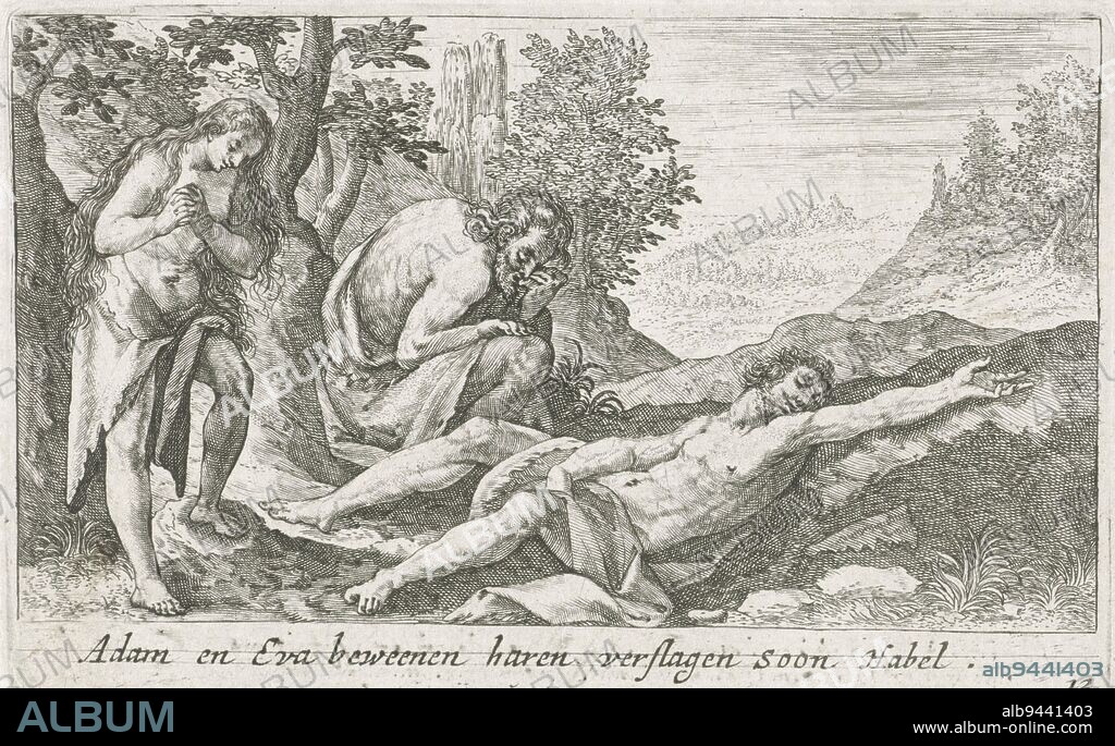 Adam and Eve mourn the dead Abel, Crispijn van de Passe (I), 1700 - 1750, Adam and Eve mourn the dead body of Abel. In the margin a caption in Dutch., print maker: Crispijn van de Passe (I), publisher: Isaac Greve, print maker: Utrecht, publisher: Amsterdam, 1700 - 1750, paper, engraving, h 82 mm × w 129 mm.