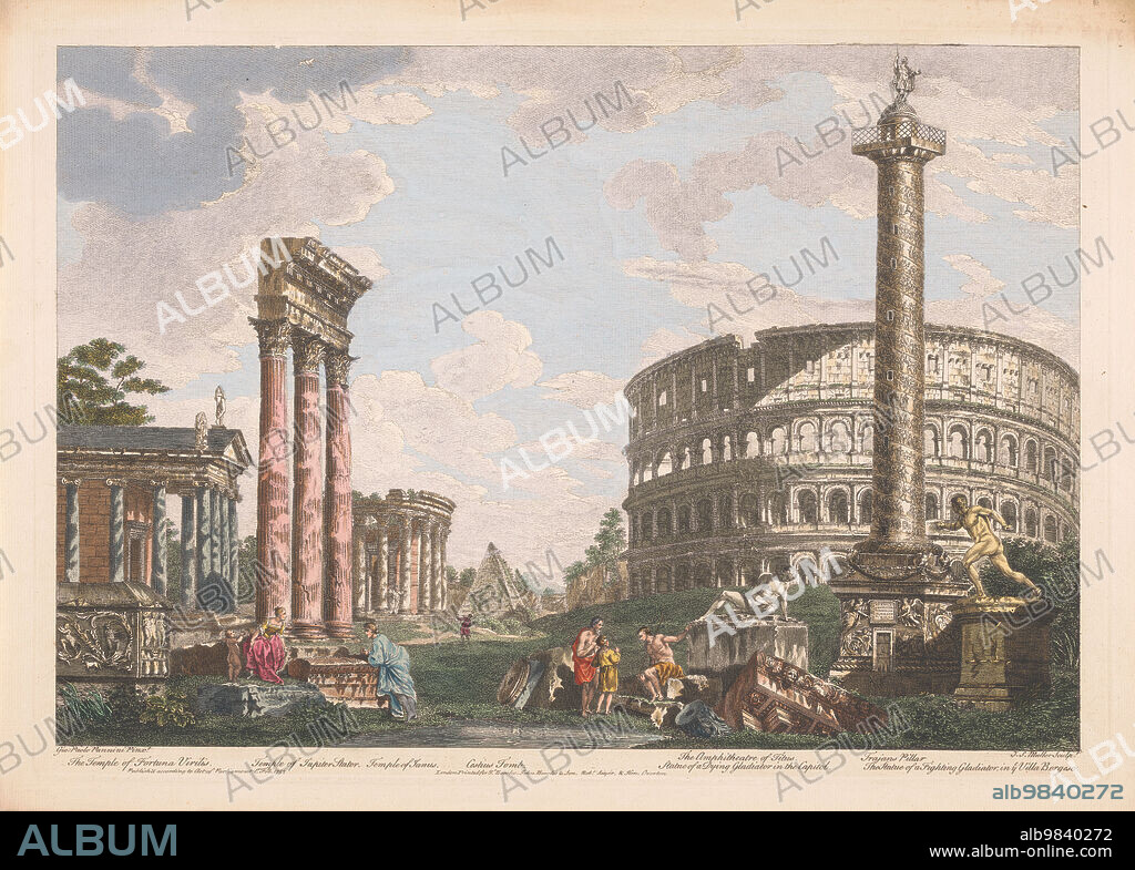 JOHN MILLER. View of the ruins of the temple of Jupiter Stator, the amphitheater of Statilius Taurus and other monuments in Rome, 1753.