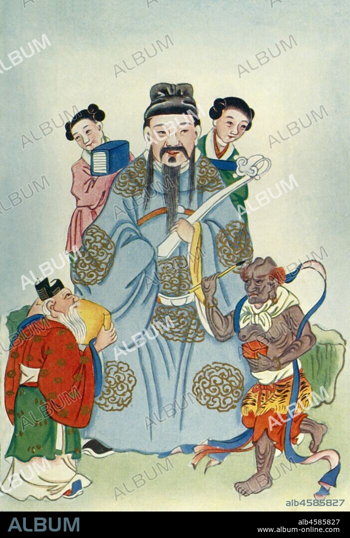 'Wen Ch'ang, K'uei Hsing, and Chu I', 1922. Wen Ch'ang, a Taoist deity in Chinese Mythology, known as the God of Culture and Literature with his servant Kui Xing, god of examinations and Bai Juyi, Chinese poet and Tang dynasty government official.  From "Myths and Legends of China", by E. T. C. Werner. [George G. Harrap & Co. Ltd., London, Calcutta, Sydney, 1922].