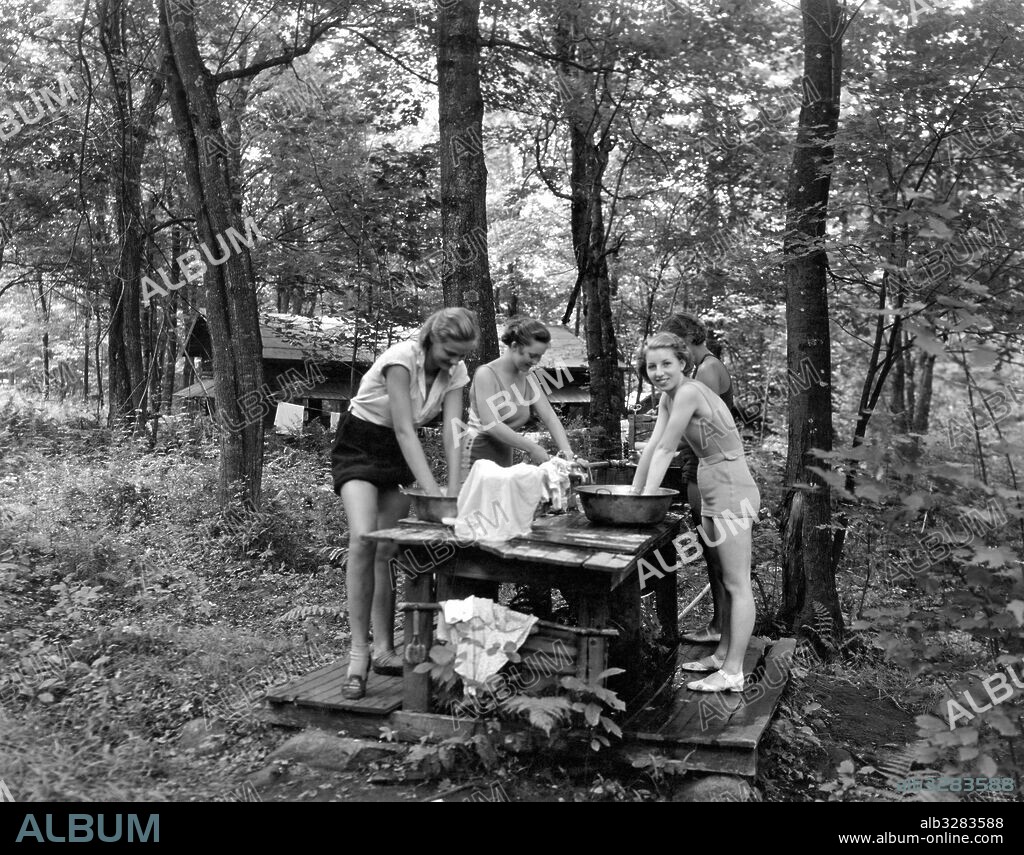 East Otis, Massachusetts:  c. 1925. Wash day in the woods at the Bonnie Brae Girl Scout Camp in Massachusetts.