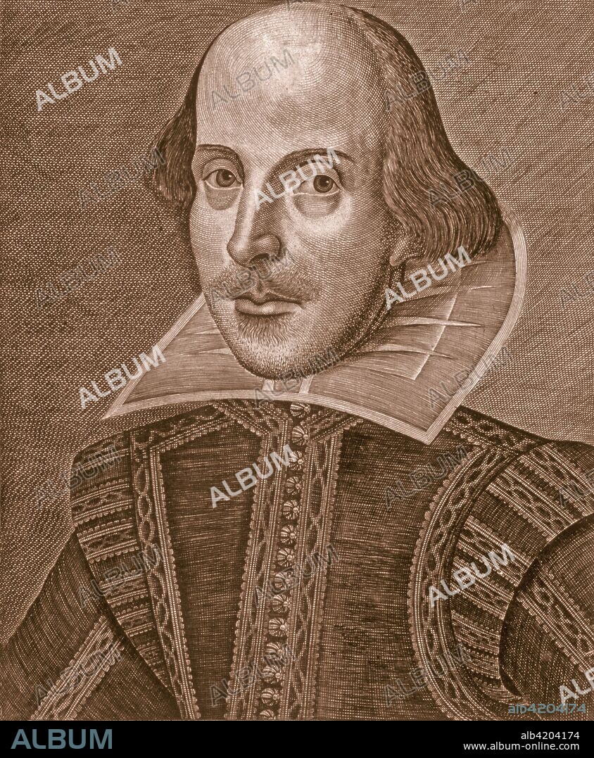 Portrait of Shakespeare, engraved by Martin Droeshout, 1623 (sepia engraving). William Shakespeare (1564-1616).