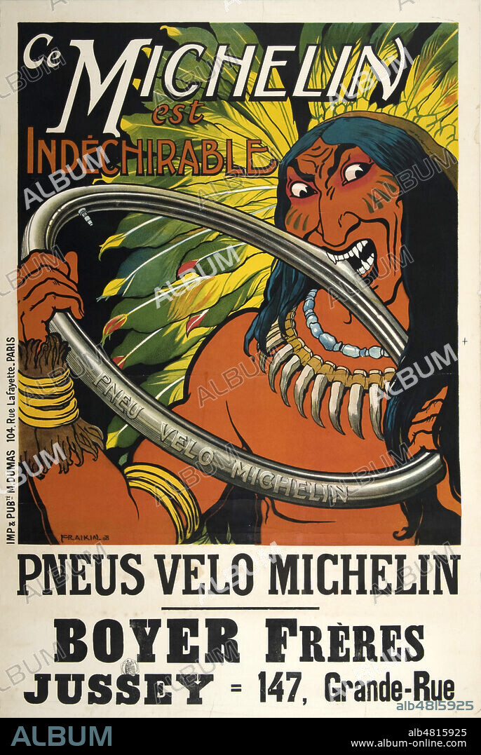 'Ce Michelin est indechirable'. Affiche publicitaire pour les pneus velo MICHELIN illustree par FRAIKIN en 1908. Credit : IM/KHARBINE-TAPABOR.