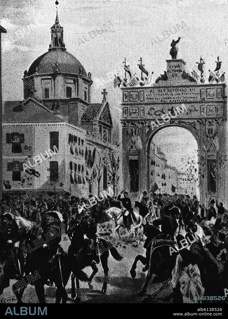 ENTRADA DE ALFONSO XII EN MADRID EL 14 ENERO 1875 - GRABADO SIGLO XIX.