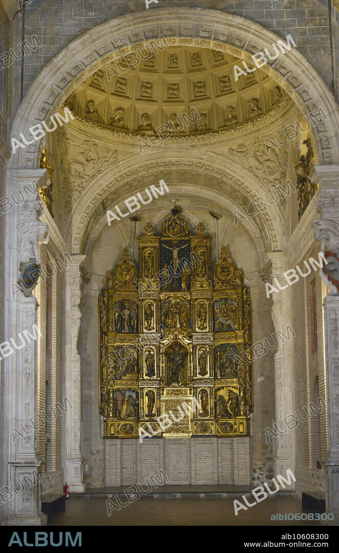 España. Castilla-La Mancha. Toledo. Iglesia de San Román. Construida en estilo mudéjar en el siglo XIII. Retablo de la Capilla Mayor. Madera policromada. Fechado hacia 1552, su autoría se atribuye a Diego Velasco de Avila siguiendo la Escuela de Berruguete.