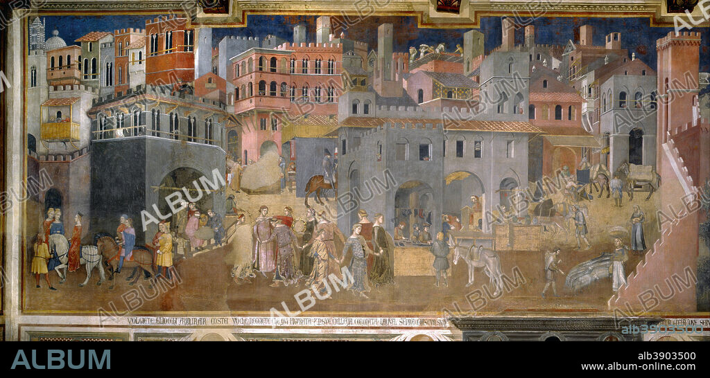 AMBROGIO LORENZETTI. Effects of Good Government in the city. Date/Period: 1338 - 1339. Painting. Fresco.