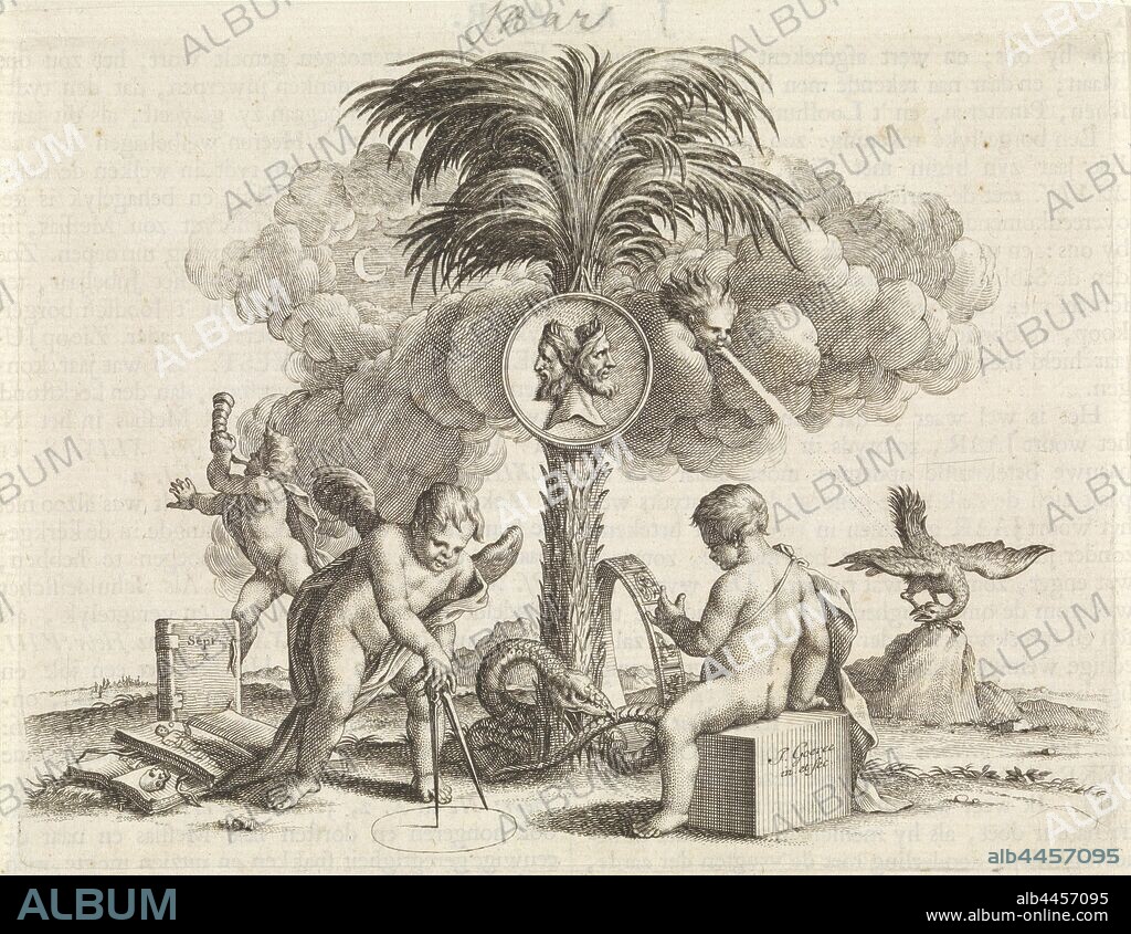 Emblem: year, In the middle a palm tree (symbol for the annual rotation) with a medallion with the god Janus, the Roman god of the past and the future. The snake Ouroboros (symbol for eternity) has turned around the trunk of the palm tree. At the foot of the palm tree the astrological zodiac. Two putti in the foreground. A putto draws a circle on the ground with a compass. In the background a vulture that is fertilized by the wind., Ouroboros serpent, circle (planimetry, geometry), predatory birds: vulture, Janus' head, two-faced head, trees: palm-tree, zodiac, the twelve zodiacal signs together, cupids: 'amores', 'amoretti', 'putti', Jan Goeree (mentioned on object), 1723, paper, engraving, w 164 mm × h 125 mm.
