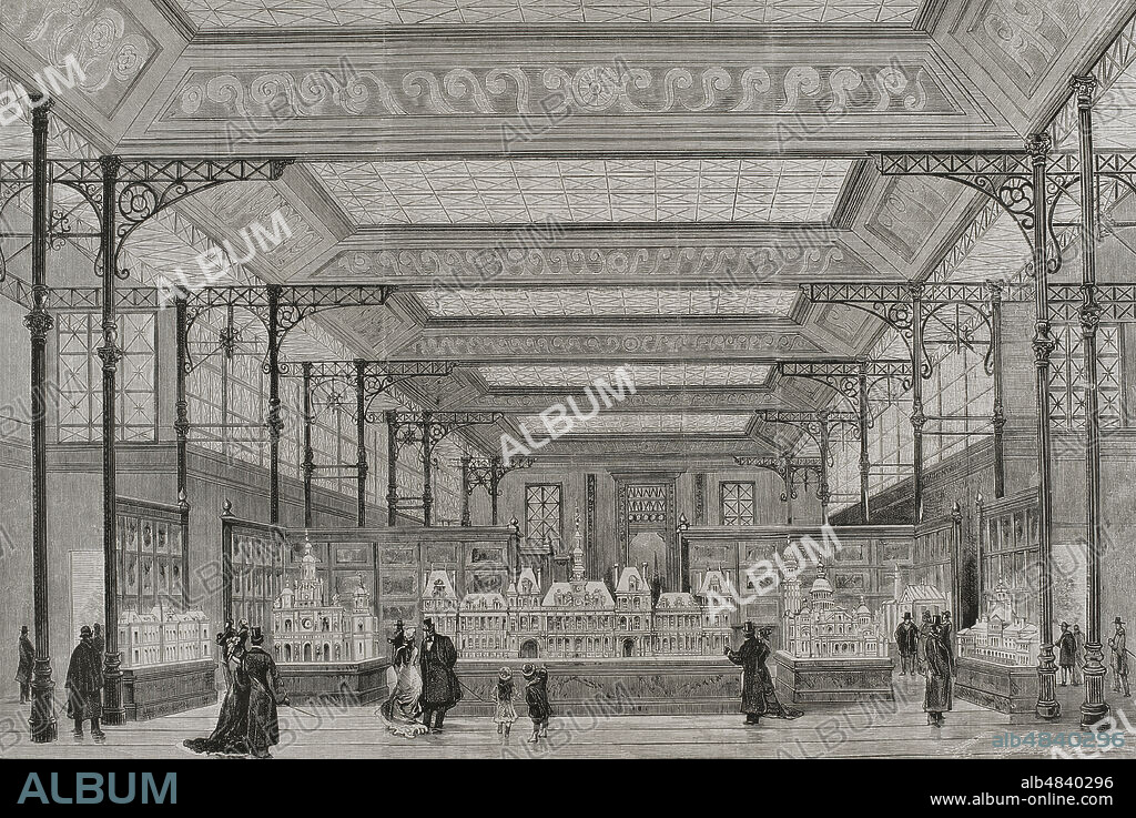 Historia de Francia. Siglo XIX. Exposición Universal de París 1878. Celebrada entre el 1 de mayo y el 10 de noviembre de 1878. Interior del pabellón de la ciudad de París, en el Campo de Marte. Grabado. La Ilustración Española y Americana, 1878.