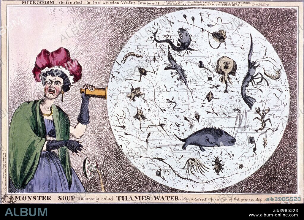 'Monster soup commonly called Thames water, being a correct representation of that precious stuff doled out to us!!!', 1828; showing an ugly woman holding a spy glass which touches the circumference of a large circle representing a magnified drop of water filled with grotesque aquatic creatures. A satire on the Metropolitan Water Supply.