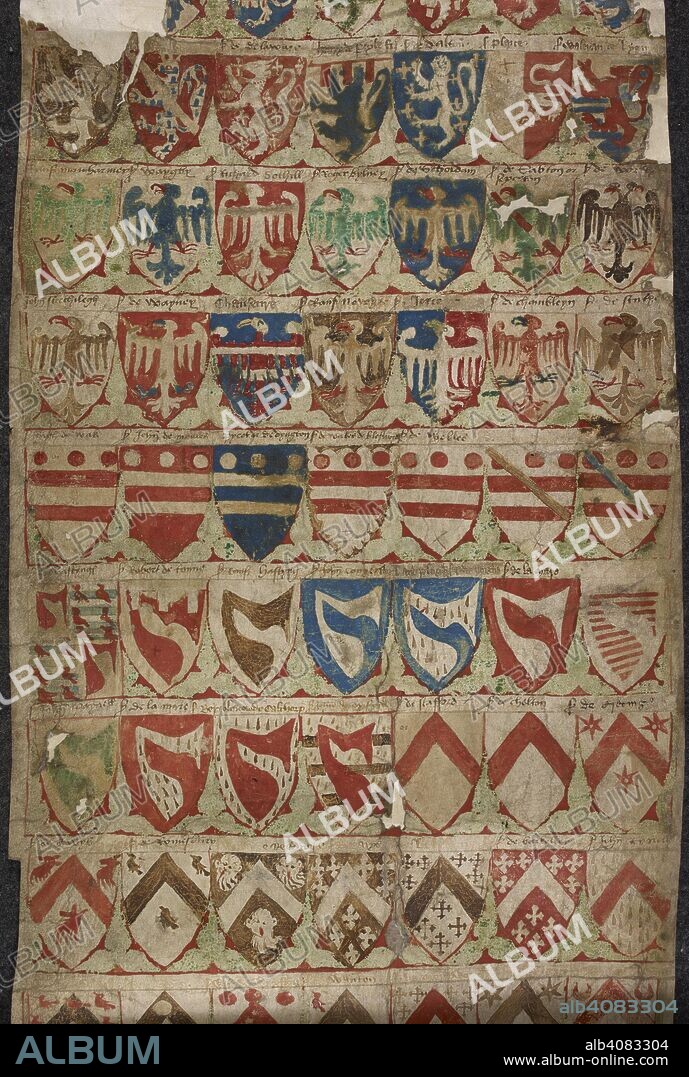 Rows of shields. Cooke's Ordinary and the Balliol Roll. England, c.1340. Cookeâ€™s Ordinary and the Balliol Roll. Cookeâ€™s Ordinary is reputedly the oldest European ordinary of arms in existence; England, c 1340. Latin. It comprises seven membranes (the first of which is fragmentary), containing 589 shields arranged by charge in eighty-eight rows, with accompanying names, to allow the user to identify the holders of particular arms. Source: Add. Roll. 77242. Language: Latin.