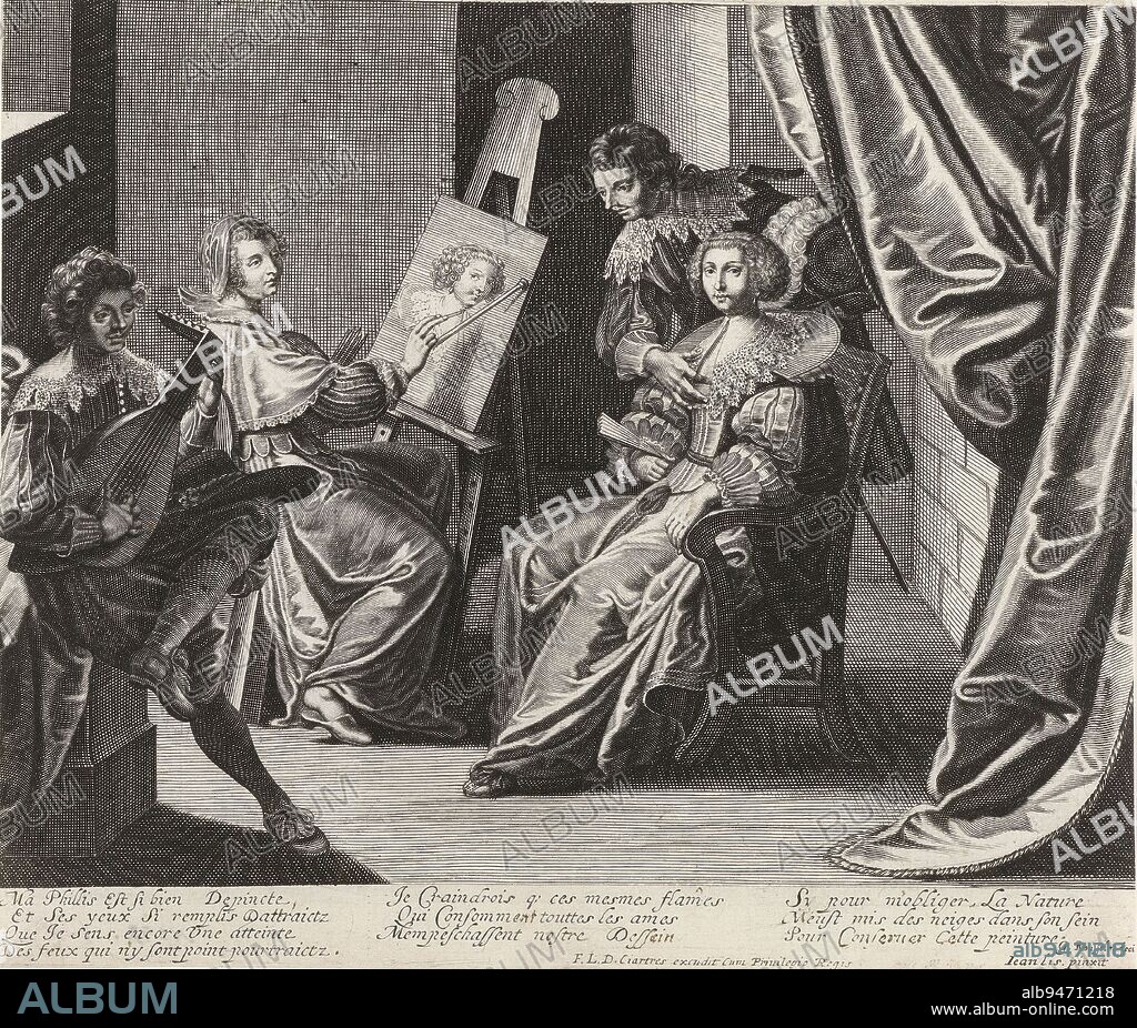 Gallant company in painting studio, print maker: Gilles Rousselet, (mentioned on object), after: Jean Lis, (mentioned on object), publisher: François Langlois, (mentioned on object), France, 1620 - 1686, paper, engraving, etching, h 231 mm × w 269 mm.