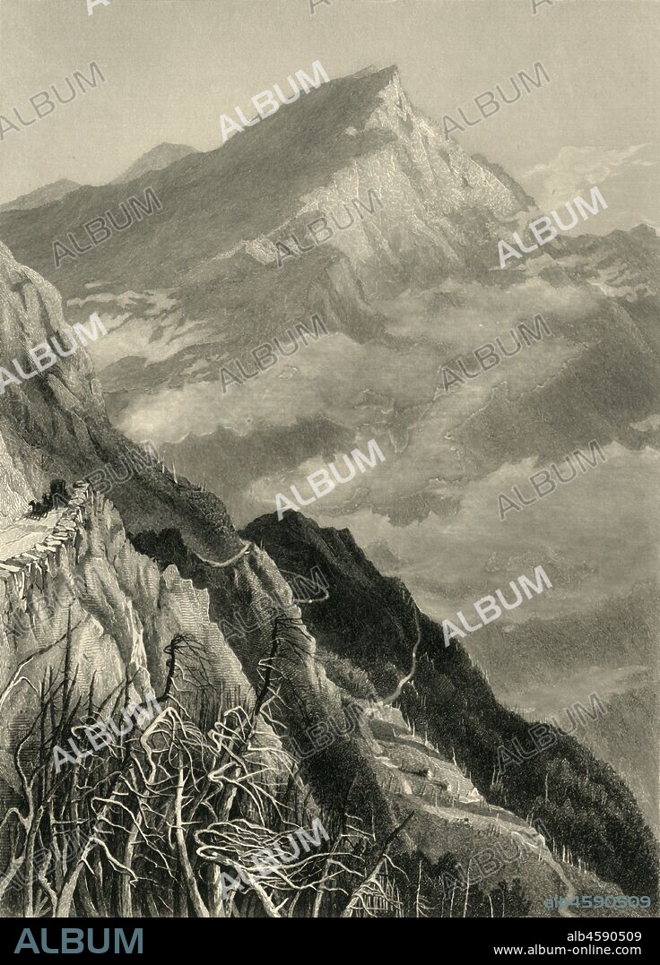 SAMUEL VALENTINE HUNT. 'The Mount Washington Road, (White Mountains)', 1872. Steep mountain roads in New Hampshire, USA. From "Picturesque America; or, The Land We Live In, A Delineation by Pen and Pencil of the Mountains, Rivers, Lakes...with Illustrations on Steel and Wood by Eminent American Artists" Vol. I, edited by William Cullen Bryant. [D. Appleton and Company, New York, 1872].