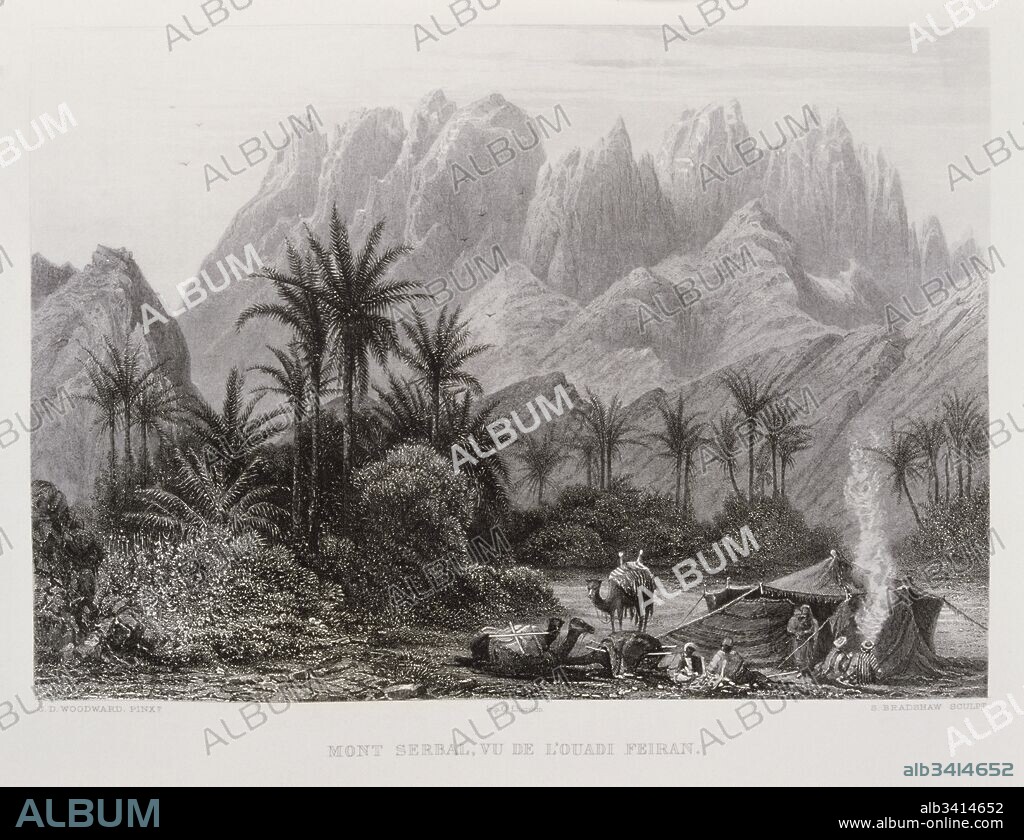 Engraving by Victor Guérin (1821 – 1891) depicting Mount Serbal (Jebel Serbal??) in Wadi Feiran in southern Sinai. At 2,070 metres (6,791 ft) high, it is the fifth highest mountain in Egypt. 1875.