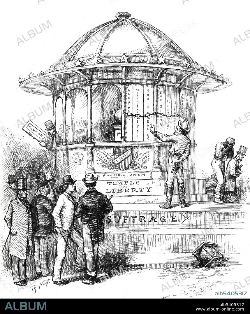 Illustration showing the Temple of Liberty boarded up by Southern states to disenfranchise black voters while inviting the North, represented by New York's Tammany Hall, to do the same. Thomas Nast (1840-1902), 1880.
