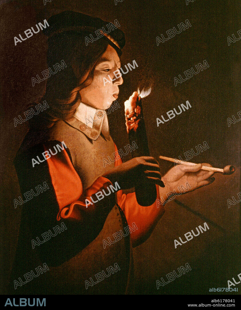 GEORGES DE LA TOUR (1593-1652). Young Man Lighting his Pipe - 17th century - 76x59 cm - oil on canvas - French baroque.