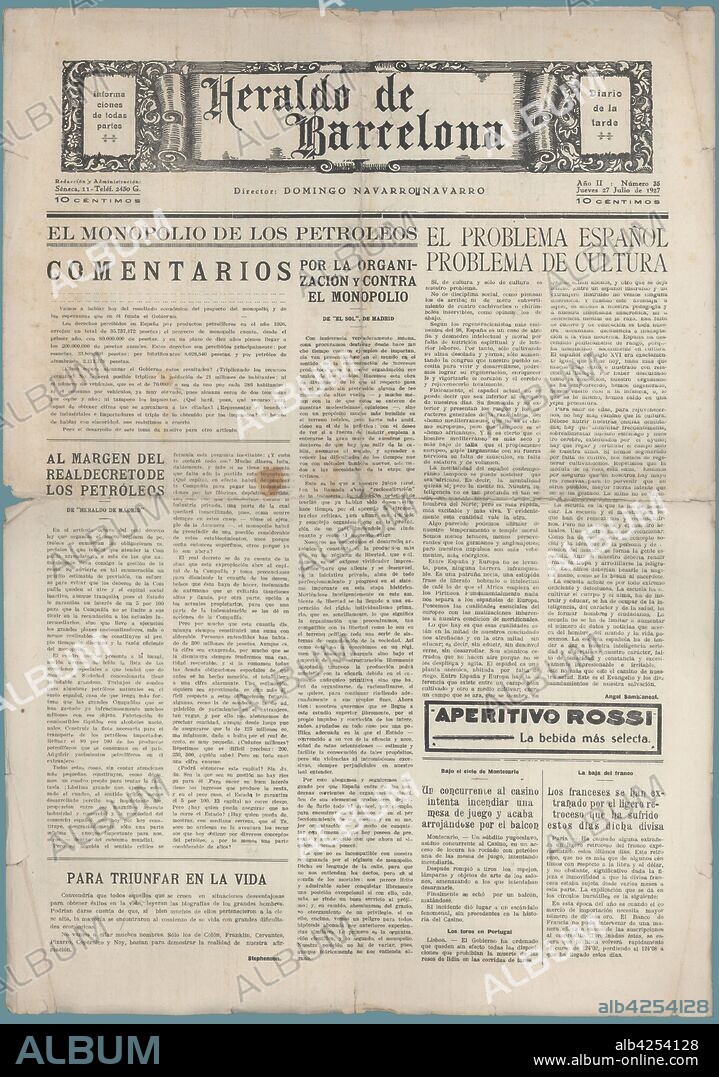 Portada del periódico Heraldo de Barcelona, editado en Barcelona, julio de 1927.