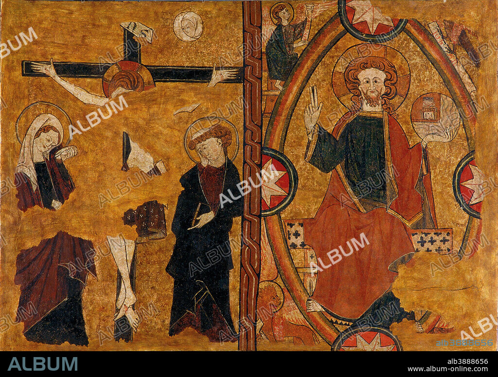 UNKNOWN. Calvary and Christ in Majesty. Date/Period: Ca. 1295. Painting. Tempera on parchment mounted on wood. Height: 550 mm (21.65 in); Width: 773 mm (30.43 in).