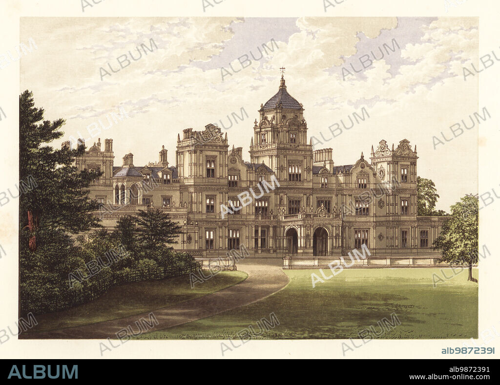 Westonbirt House, Gloucestershire, England. Mansion house designed by architect Lewis Vulliamy for owner Robert Stayner Holford in 1839. Colour woodblock by Benjamin Fawcett in the Baxter process of an illustration by Alexander Francis Lydon from Reverend Francis Orpen Morriss Picturesque Views of the Seats of Noblemen and Gentlemen of Great Britain and Ireland, William Mackenzie, London, 1880.