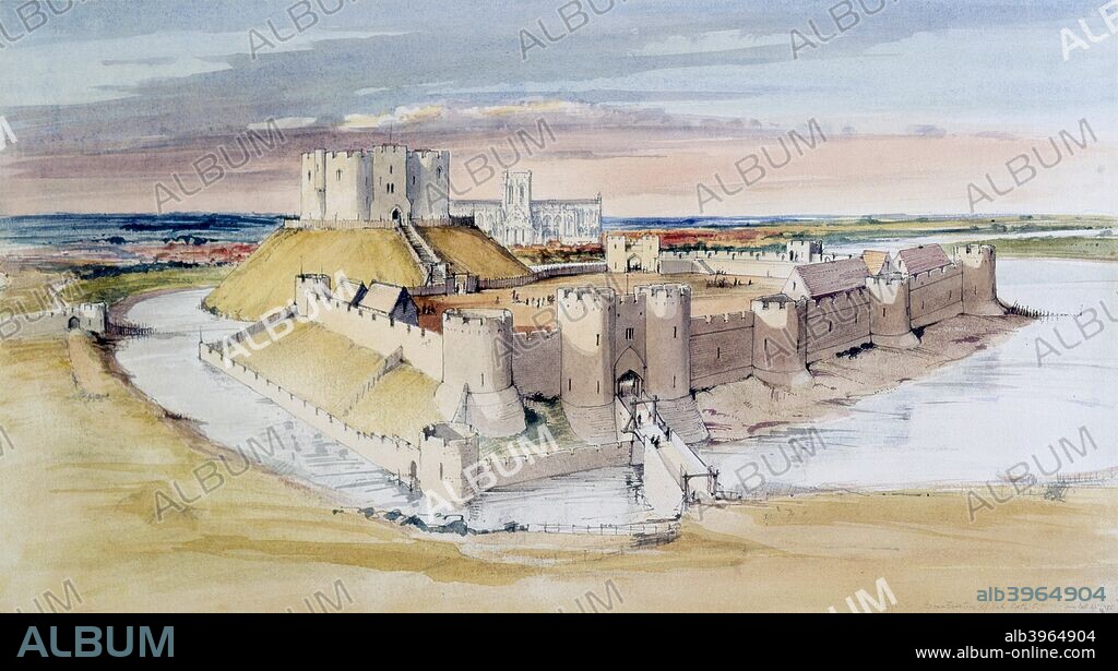 Illustrative reconstruction of York Castle, North Yorkshire, as it might have looked in the late 13th century, 1985. The 11th century Clifford's Tower is only part of the castle which still survives. York Castle was built by William the Conquerer to establish his control in the north.