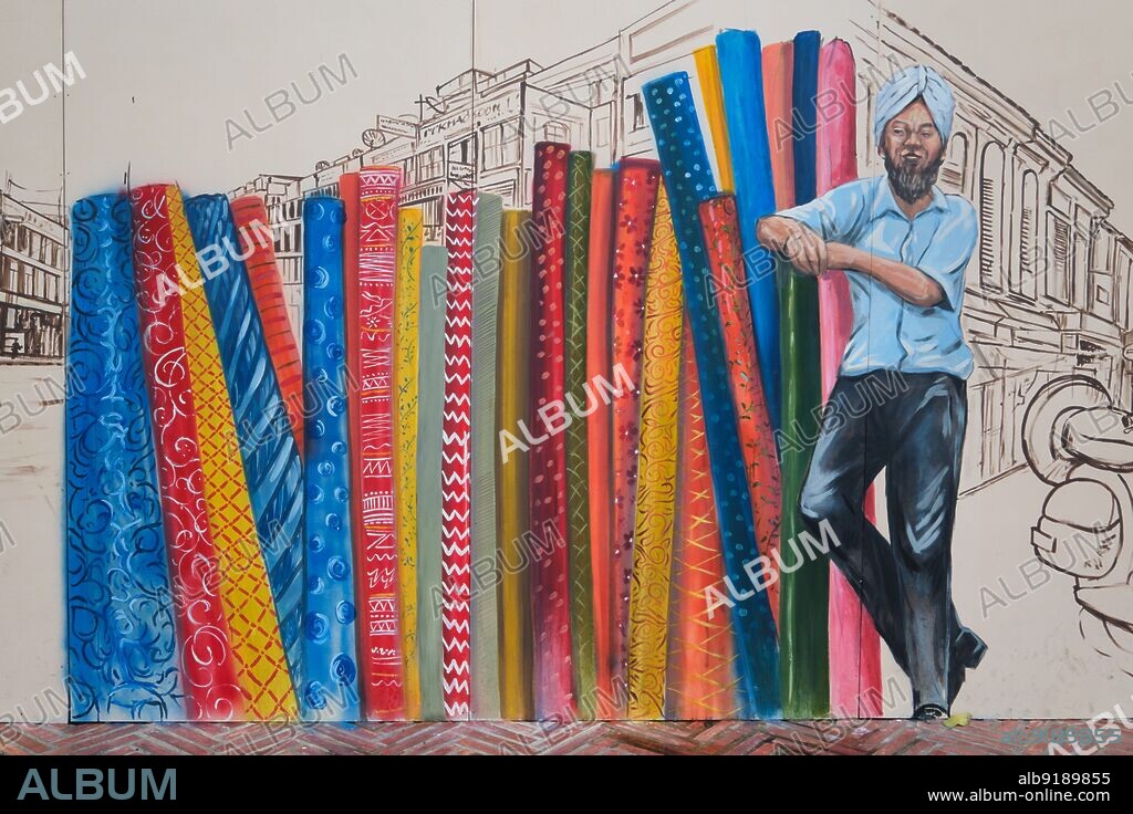 Thailand: A mural at Ong Ang Walking Street by Klong Ong Ang (Ong Ang Canal), Chinatown / Phahurat, Bangkok, depicting a Sikh textile merchant. The Ong Ang Canal was originally built in the reign of King Rama I (1736 - 1809), the founder of Thailand's present Chakri Dynasty.