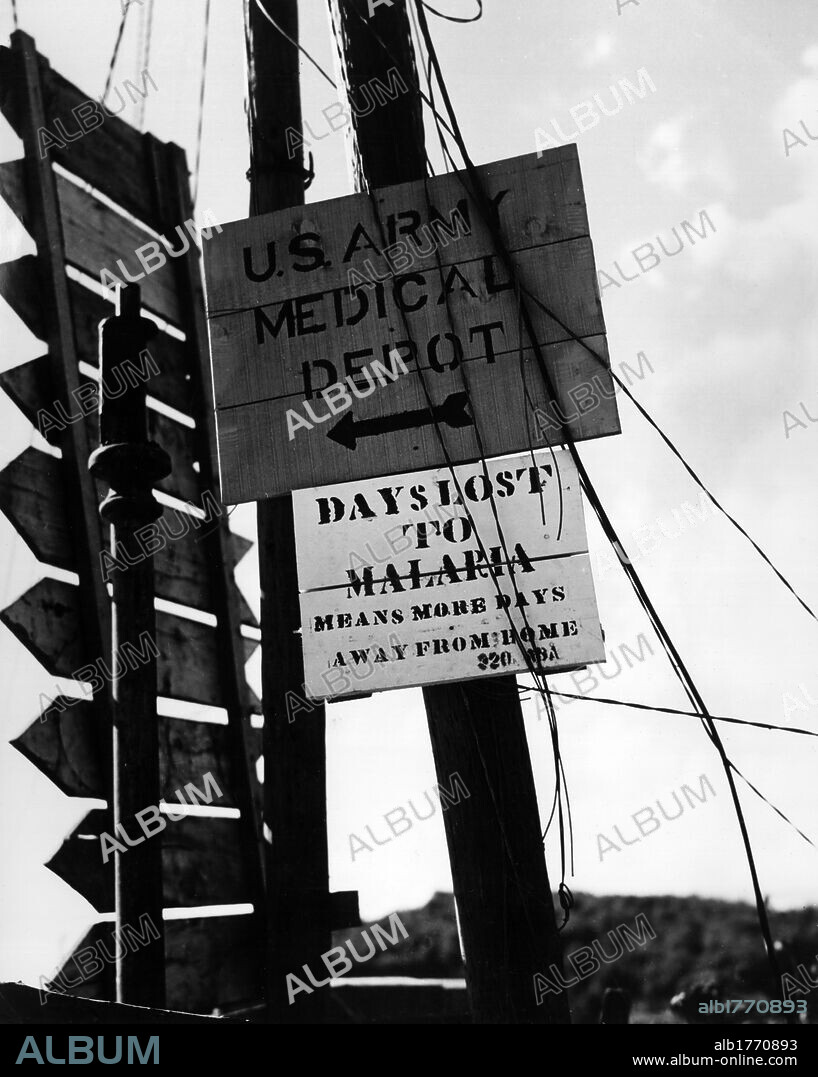 Malaria prevention poster. Anti-malaria prevention poster nearby an allied military hospital. Corsica, August 1944.