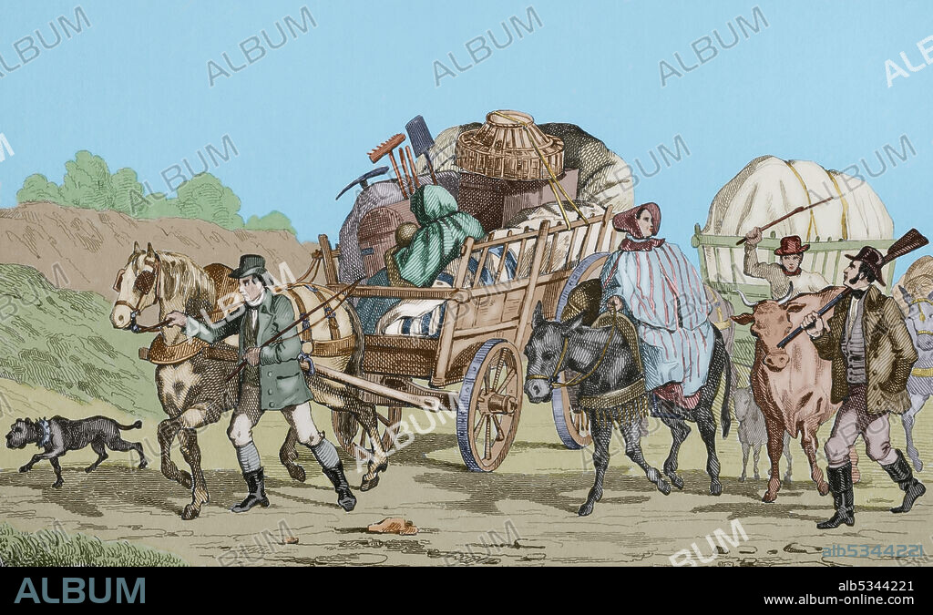 Estados Unidos. Emigraciones hacia el Oeste. Colonos iniciando el viaje, con sus carros cargados con sus pertenencias para poder establecerse un un nuevo territorio. Grabado por Vernier y Branche. Panorama Universal. Historia de los Estados Unidos de América, por Roux de Rochelle. Edición española, impresa en Barcelona, 1850. Coloreado.