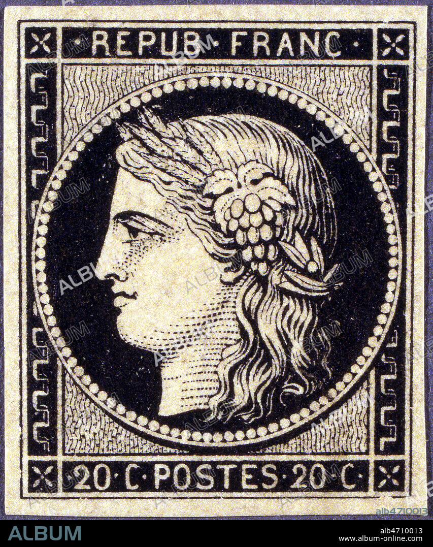 Timbre Ceres noir de 20 centimes. Premier timbre emis en France en 1849. Credit : Coll. Doury/KHARBINE-TAPABOR.