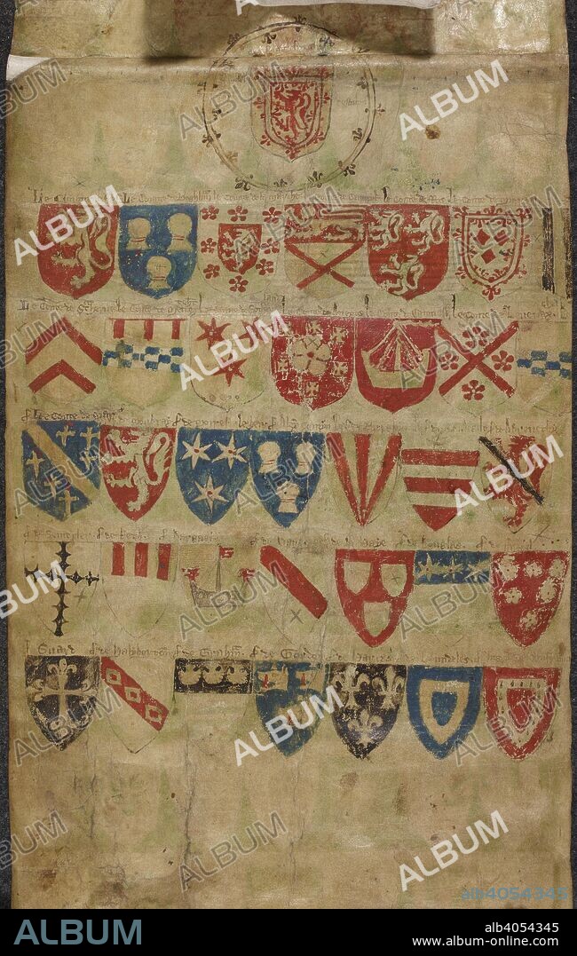 The Balliol Roll is painted on the dorse of the last membrane of Cookeâ€™s Ordinary. It contains the arms of Edward Balliol (d. 1364), claimant to the Scottish throne, followed by the shields of thirty-five of his chief supporters, arranged in five rows of seven, together with the name of each bearer of arms. Cooke's Ordinary and the Balliol Roll. England, c.1340. Cookeâ€™s Ordinary is reputedly the oldest European ordinary of arms in existence; England, c 1340. Latin. It comprises seven membranes (the first of which is fragmentary), containing 589 shields arranged by charge in eighty-eight rows, with accompanying names, to allow the user to identify the holders of particular arms. Source: Add. Roll. 77242. Language: Latin.