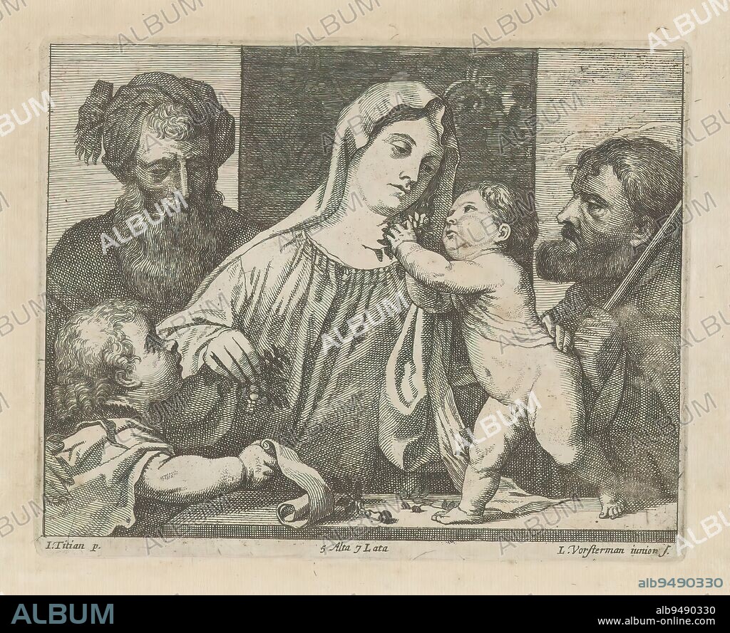 Holy Family with John the Baptist and St. Zacharias, Cherry Madonna, The Christ Child stands before Mary. Both are holding cherries. On the left, St. Zacharias wearing a turban and the young John the Baptist. On the right, Joseph. This print is part of an album., print maker: Lucas Vorsterman (II), (mentioned on object), after painting by: Titiaan, (mentioned on object), publisher: David Teniers (II), print maker: Antwerp, after painting by: Italy, publisher: Brussels, 1660, paper, etching, height 129 mm × width 160 mm.