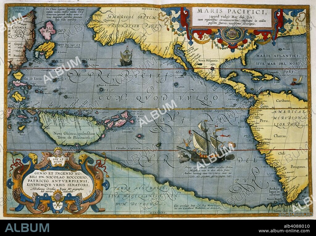 ABRAHAM ORTELIUS. Maris Pacifici. Theatrum Orbis Terrarum. Antwerp, 1595. Map showing the Pacific Ocean and parts of North and South America.  Image taken from Theatrum Orbis Terrarum.  Originally published/produced in Antwerp, 1595. . Source: Maps.C.2.d.6, 6.