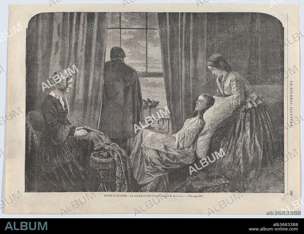 Scène d'Octobre: La jeune poitrinaire (An October Scene: The Young Consumptive), from "Le Journal Illustré" no. 34. Artist: After Henry Peach Robinson (British, Ludlow, Shropshire 1830-1901 Tunbridge Wells, Kent). Dimensions: Image: 9 1/16 in. × 13 in. (23 × 33 cm)
Sheet: 10 5/8 × 14 3/4 in. (27 × 37.5 cm). Date: October 2-9, 1864.
This wood engraving reproduces a famous pictorial photograph constructed by Henry Peach Robinson in 1858. To portray the peaceful death of a young girl surrounded by her grieving family, Robinson skillfully combined five different negatives. Although imaginary, many contemporaries criticized the subject as too painful to be tastefully rendered by such a literal medium as photography. The controversy made Robinson the most famous photographer in England and a leader of the Pictorialist movement which advocated painterly effects. Wood engravings played a crucial part in circulating images in the nineteenth century, here in a French publication "Le Journal Illustré.".