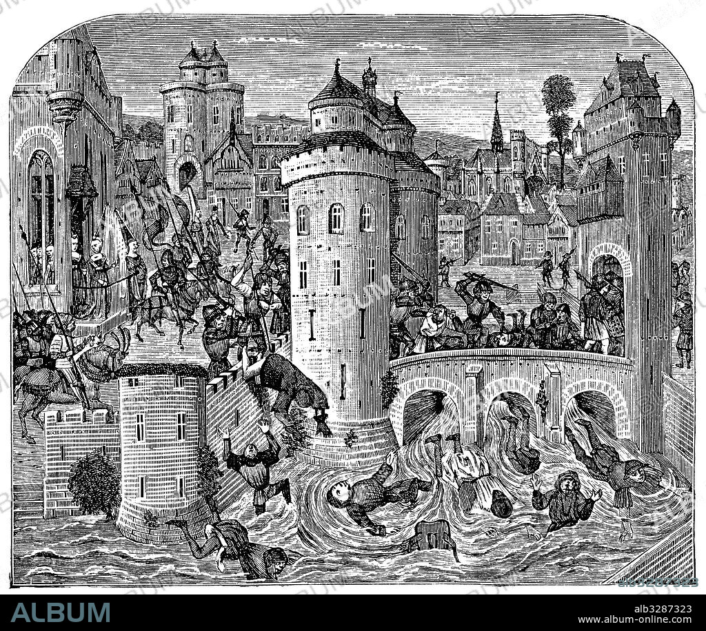 Historia. Asedio y asalto de la ciudad de Meaux, a orillas del río Marne, en 1422 por tropas inglesas en el contexto de la guerra de los cien años. Grabado de 1906.