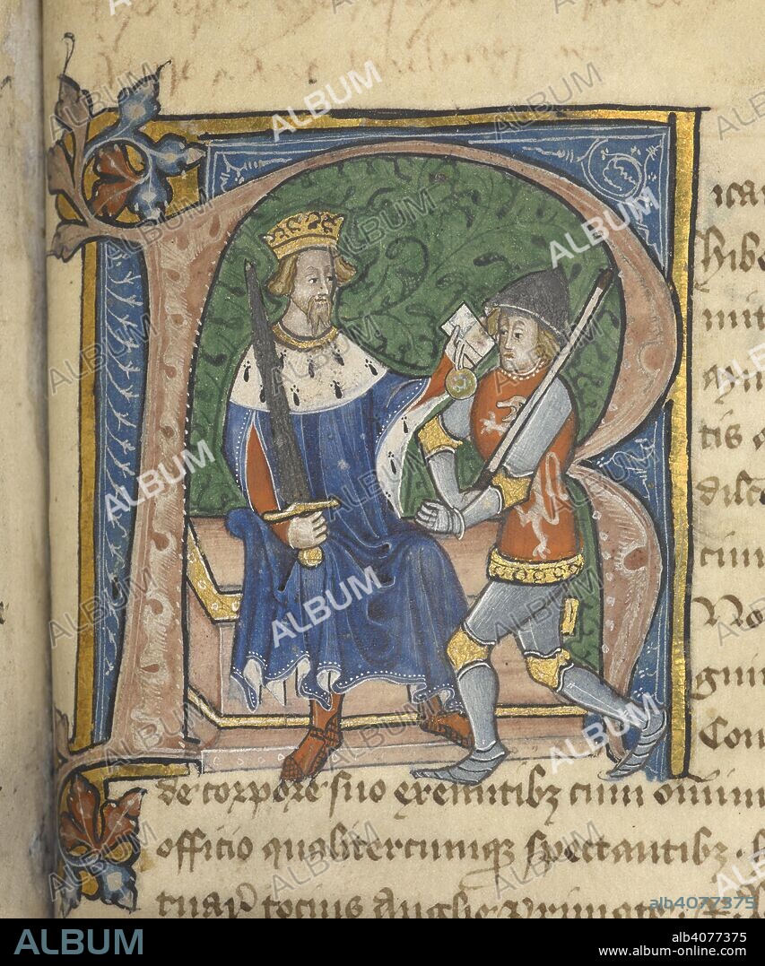 Initial R: King Richard II giving a charter to Thomas Mowbray, Earl of Nottingham, this creating him Earl Marshal, in 1386. Documents relating to the office of marshal of England (82râ€“92r). 4th quarter of the 14th century. Source: Cotton Nero D. VI f.85.