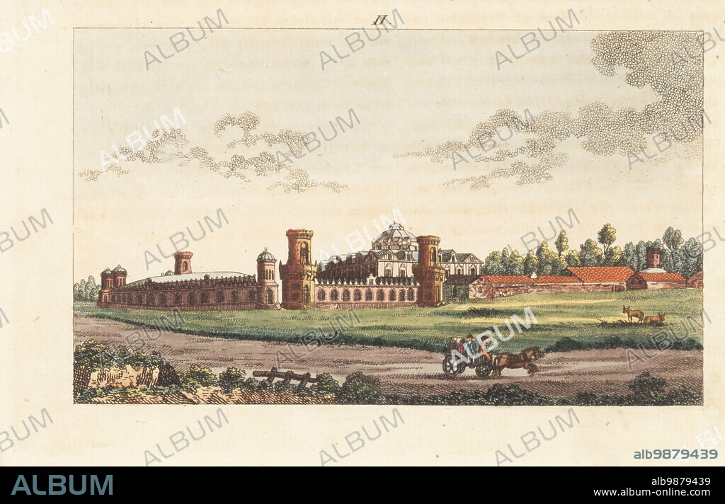 Petrovsky Palace or Petroff Palace, Leningradsky Prospect, Moscow, Russia. Gothic palace founded in 1780 by Catherine the Great. Now a hotel. Le Palais d'Ete Imperial Petrowsky. Handcoloured copperplate engraving from Carl Bertuch's Bilderbuch fur Kinder (Picture Book for Children), Weimar, 1813. A 12-volume encyclopedia for children illustrated with almost 1,200 engraved plates on natural history, science, costume, mythology, etc., published from 1790-1830.