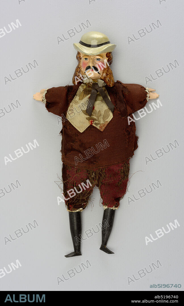 Man, Painted wood, cotton, other materials, Brightly painted head with moustache in grey derby hat. White collar, black tie and flowered vest with red buttons. Deep red trousers. Black hose and shoes. Lace at wrists and knees., England, late 19th century, theater, Decorative Arts, Puppet, Puppet.