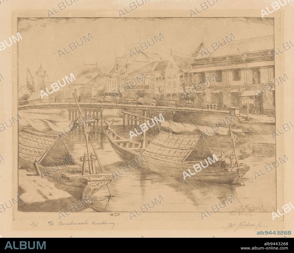 Red bridge in the lower city of Surabaya in East Java, Numbered lower right: 3., print maker: Johannes Nicolaas, (mentioned on object), Surabaya, 1925, paper, etching, height 248 mm × width 321 mm.