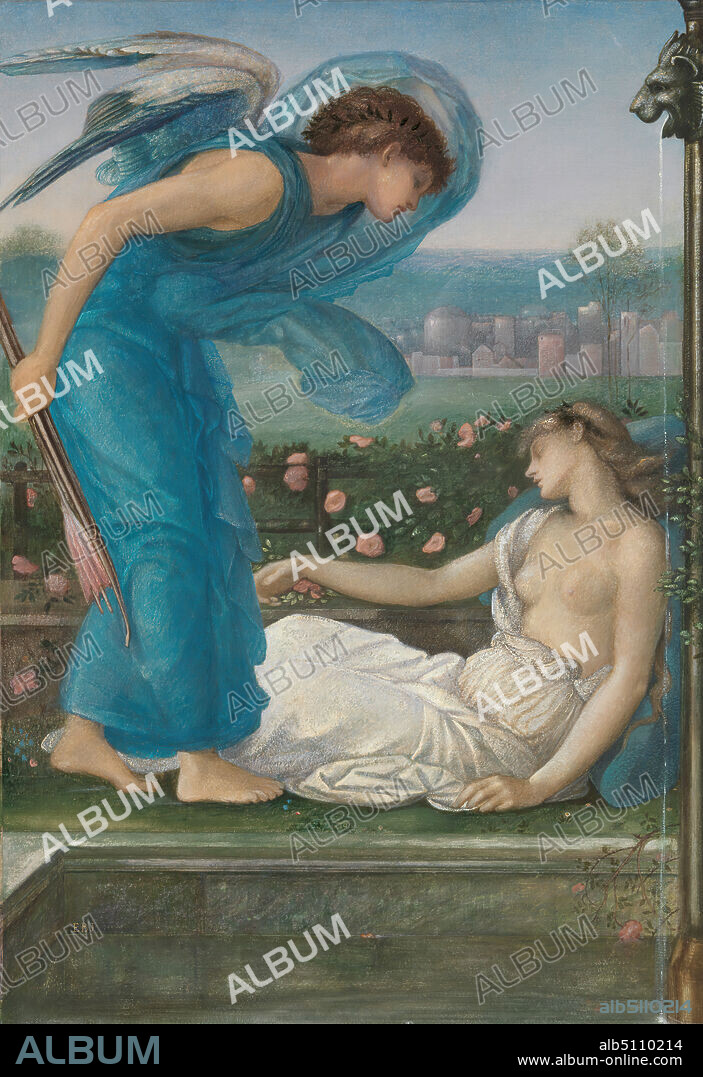 Cupid and Psyche, Edward Burne-Jones, 18331898, British, ca. 1870, Watercolor, gouache and pastel on moderately thick, moderately textured, wove paper mounted on linen, Sheet: 27 5/8 x 19 inches (70.2 x 48.3 cm) and Frame: 37 x 27 1/2 x 3 inches (94 x 69.9 x 7.6 cm), angel, arrows, bows, city, fountains, fruit, gargoyle, gazing, gesturing, landscape, lion, love, man, mythology, nude, pools, reclining, religious and mythological subject, roses (plant), sleeping, togas, wings, woman.