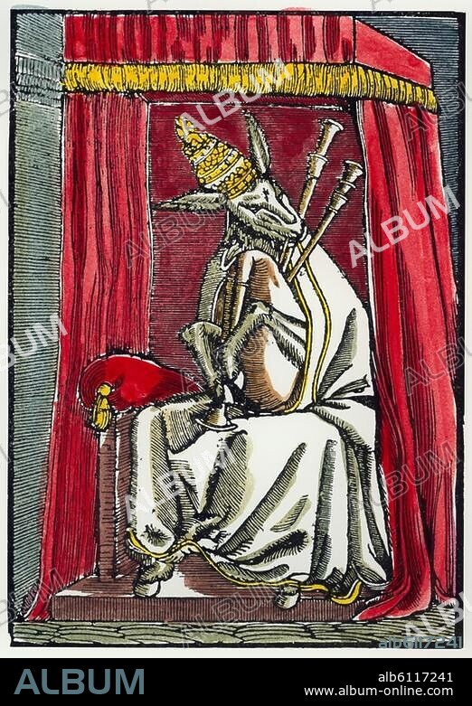 Religion/Karikatur. Antikatholisch/Reformationszeit.-Der Papst in Eselsgestalt mit einem Dudelsack auf dem Thron.-Holzschnitt, 1545, von Lucas Cranach. aus: Martin Luther, Abbildung des Papsttums. Wittenberg 1545. Spätere Kolorierung.