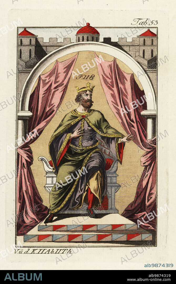 Norman king in crown and ceremonial robes on a throne, on a raised platform under a curtained arch. Long mantle that trails on the gound, fastened at the breast, falling on both sides. Norman kings and nobility often wore two tunics of equal length, one over the other. At the end of the 11th and beginning of the 12th century, the men wore tunics with extremely long sleeves, often with embroidered borders 118. Handcolored copperplate engraving from Robert von Spalart's Historical Picture of the Costumes of the Principal People of Antiquity and Middle Ages, Vienna, 1802.