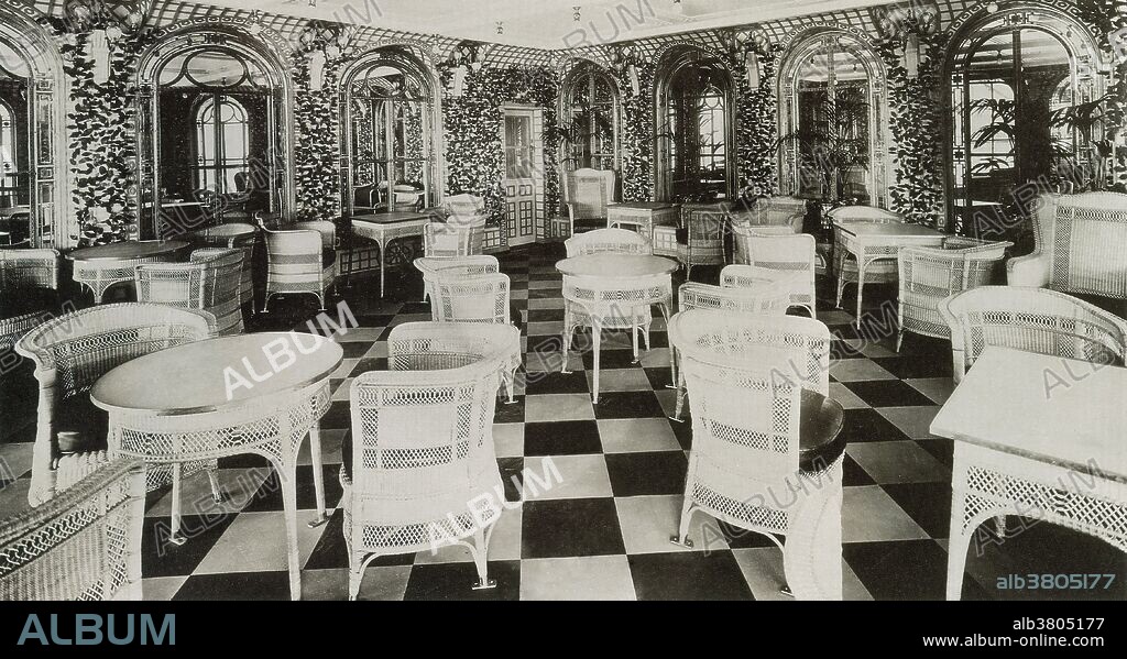 The Verandah Cafe in the Titanic ship, March 1912. Also known as the Verandah and Palm Court which were a pair of rooms virtually identical and decorated to resemble the gazebos found on the grounds of large English country houses.