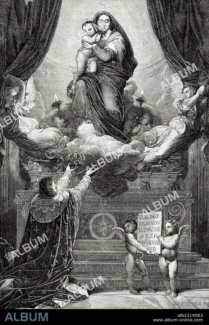 Louis XIII (1601-1643). King of France and Navarre (Louis II). House of Bourbon. Original, Vow of Louis XIII by Ingres. Engraving at "Historia Universal", 1880.