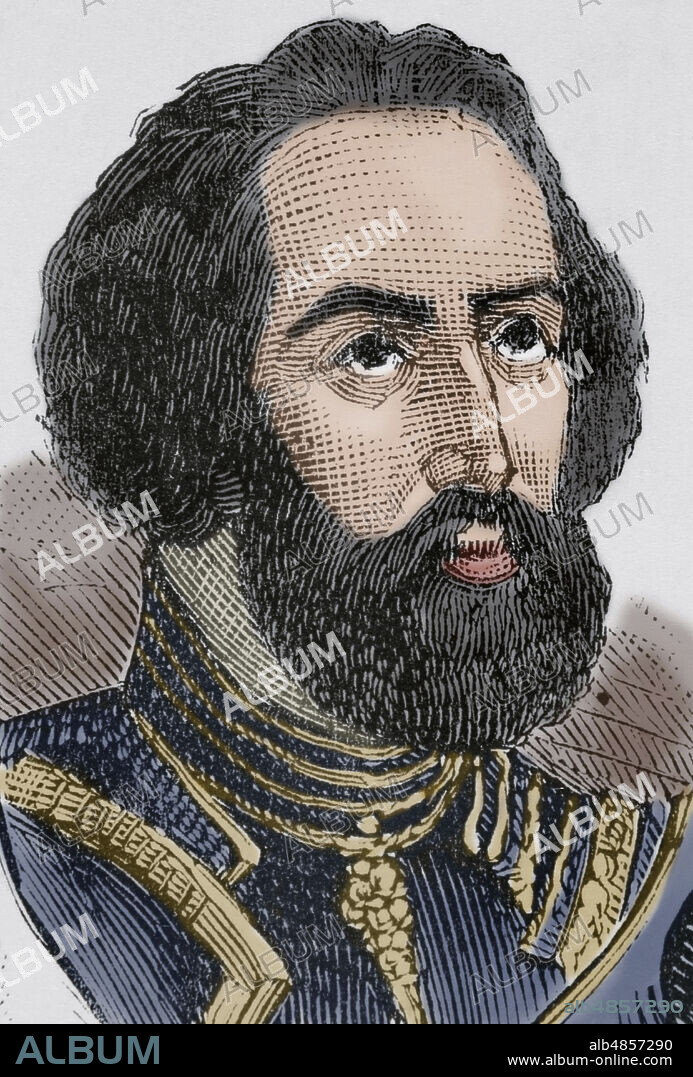 Hernán Cortés, I marqués del Valle de Oaxaca (1485-1547). Conquistador español. A principios del siglo XVI lideró la expedición que inició la Conquista de México. Retrato. Grabado coloreado. La Ilustración Española y Americana, 1884.